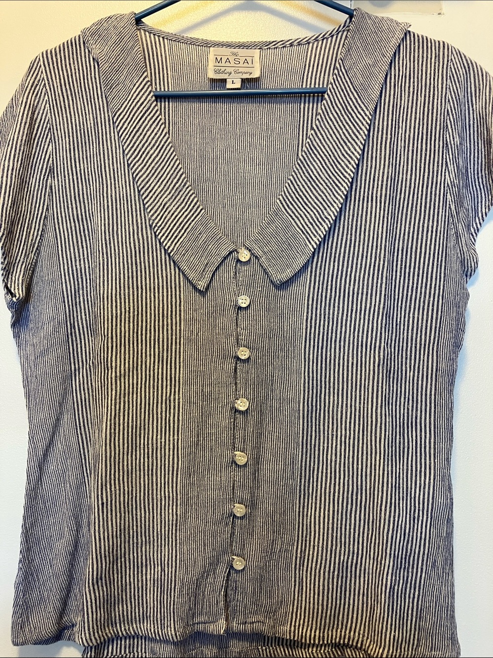 Masai Striped Short-Sleeve Button-Down Top in Black & White